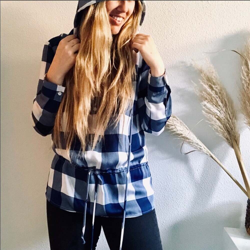 MICHAEL KORS Blue White Checker Plaid Drawstring Henley Hoodie Shirt Top Blouse